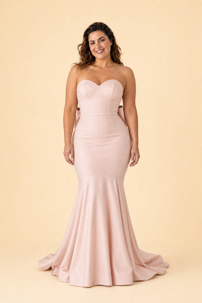 Plus Size Strapless Bridesmaid Dress with Bow Back and Chapel Train