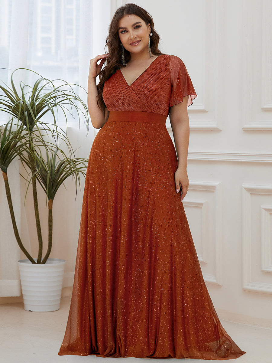 Plus Size V Neck Ribbon Waist Formal Evening Dress With Sleeves
