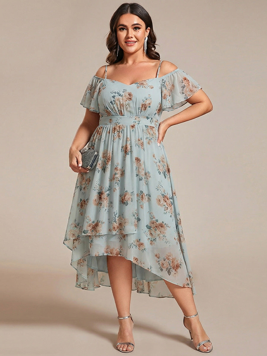 Plus Size Cold Shoulder Sweetheart Necklin Chiffon Midi Wedding Guest Dress