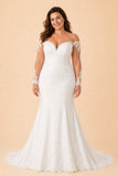 Plus Size Wedding Dress with Off Shoulder Lace Sleeves and Cathedral Train