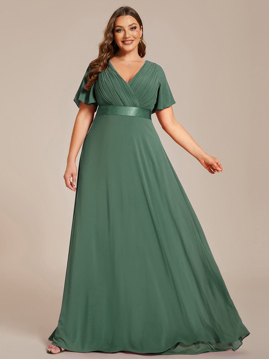 Plus Size Empire Waist V Back Bridesmaid Dress with Short Sleeves