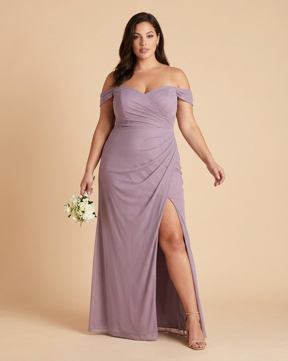 Elanthia Plus Size Romantic Sheath Bridesmaid Dress with Off Shoulder for Wedding -N0347
