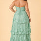 Romantic Lace Up Back Bridesmaid Gown Featuring 3D Floral Appliqué Tiered Flowy Skirt