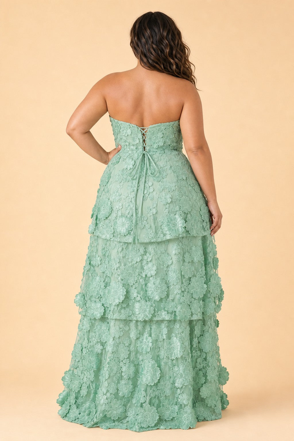Romantic Lace Up Back Bridesmaid Gown Featuring 3D Floral Appliqué Tiered Flowy Skirt