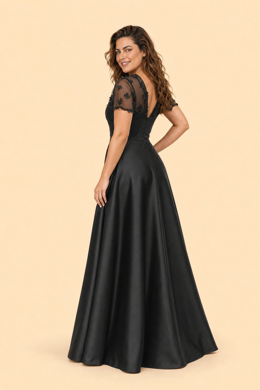 Plus Size Backless A-Line Formal Gown with Floral Appliqué and Satin Skirt