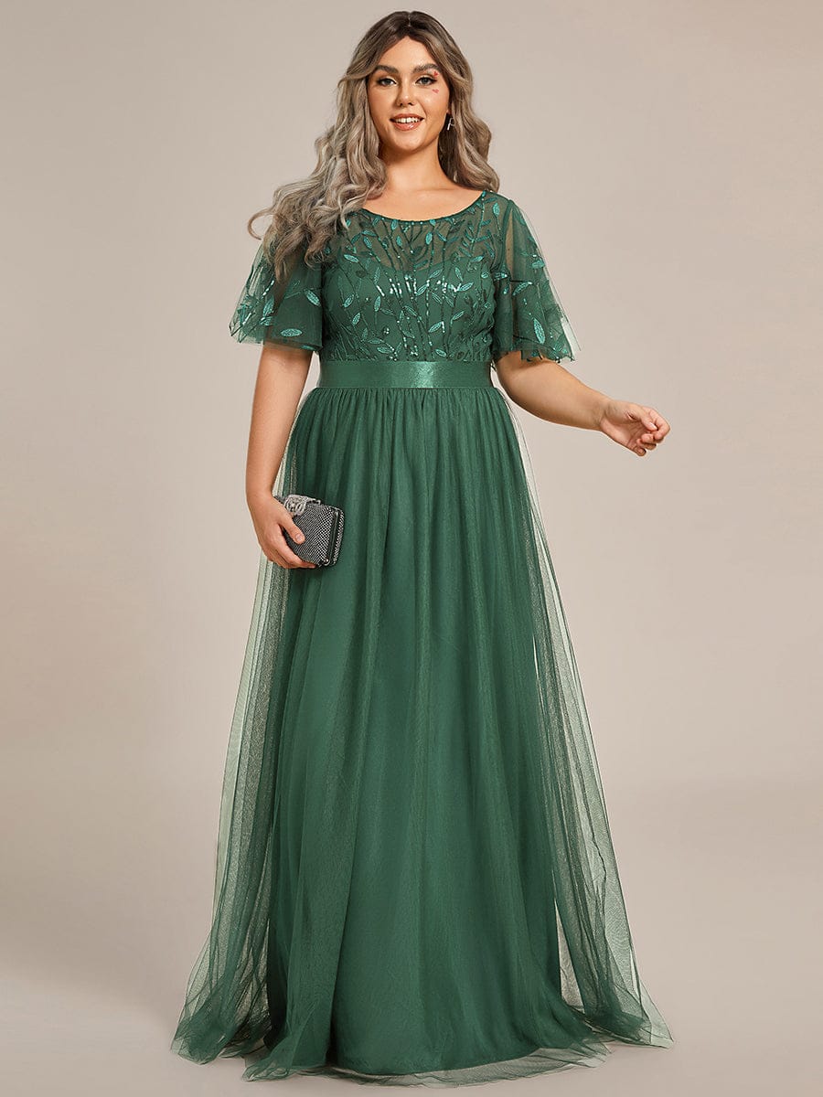 Plus Size Women's Embroidery Evening Dresses with Short Sleeve