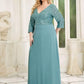 Plus Size V Neck A-Line Sequin Formal Evening Dress with Sleeve