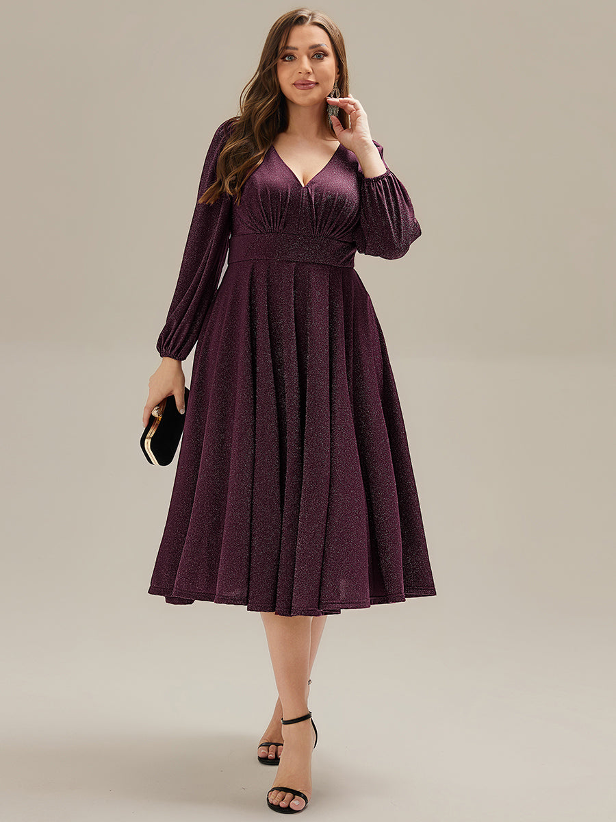 Plus Size Glitter long Sleeve Midi Dress With Pocket