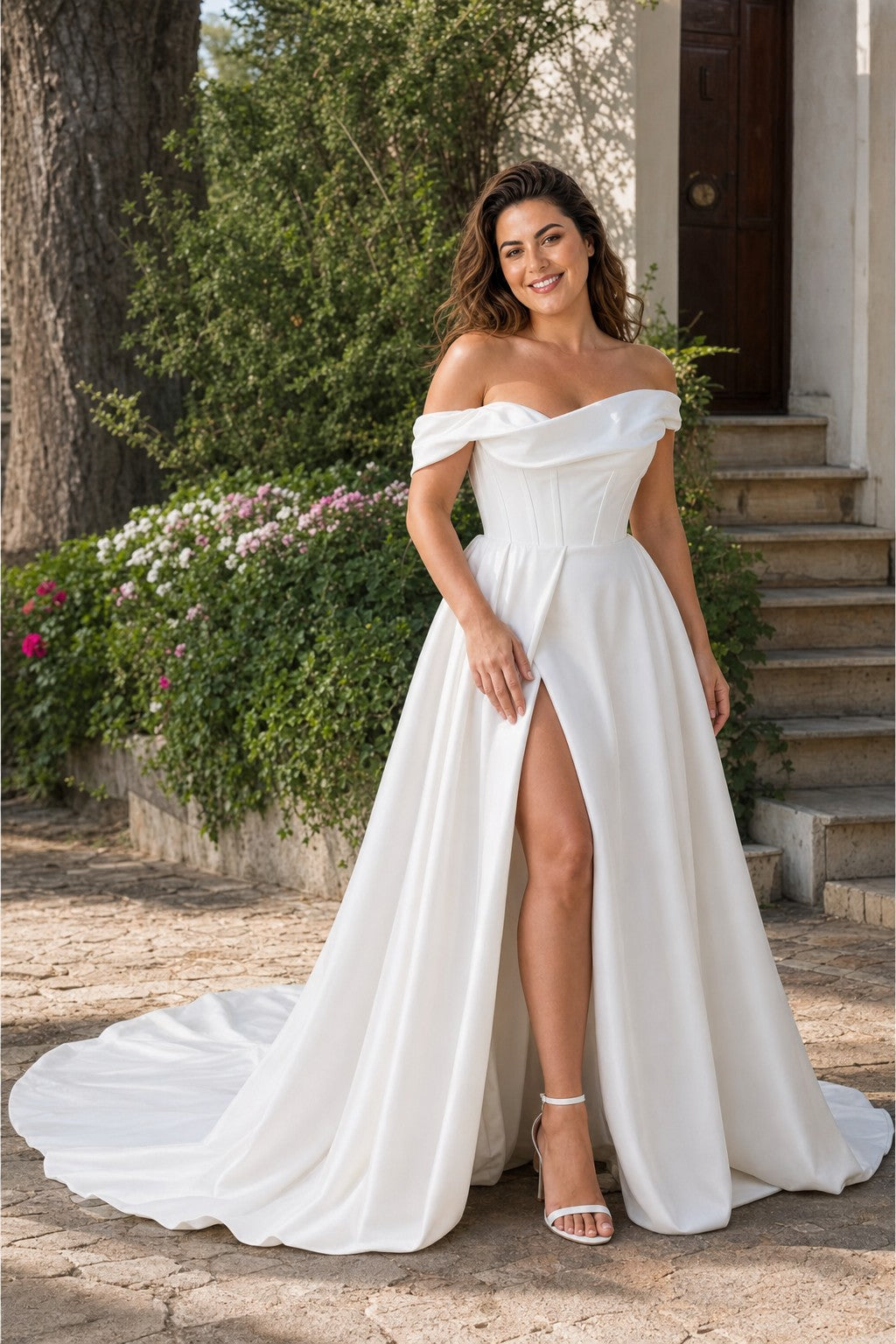Plus Size Off-Shoulder Wedding Dress with Ruched Bodice and A-Line Skirt