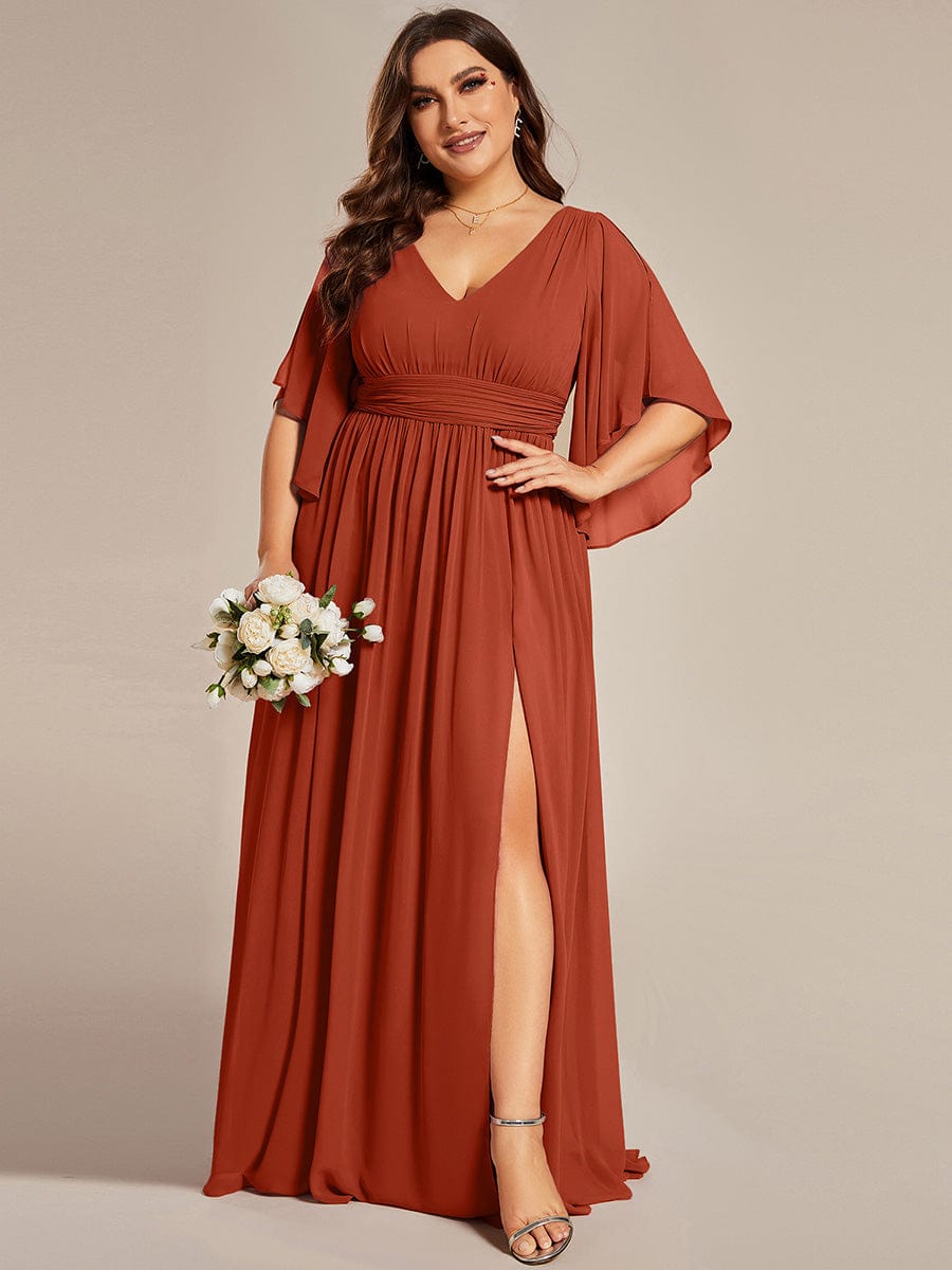 Plus Size Half Sleeve Pleated A-Line V-Neck Chiffon Bridesmaid Dress