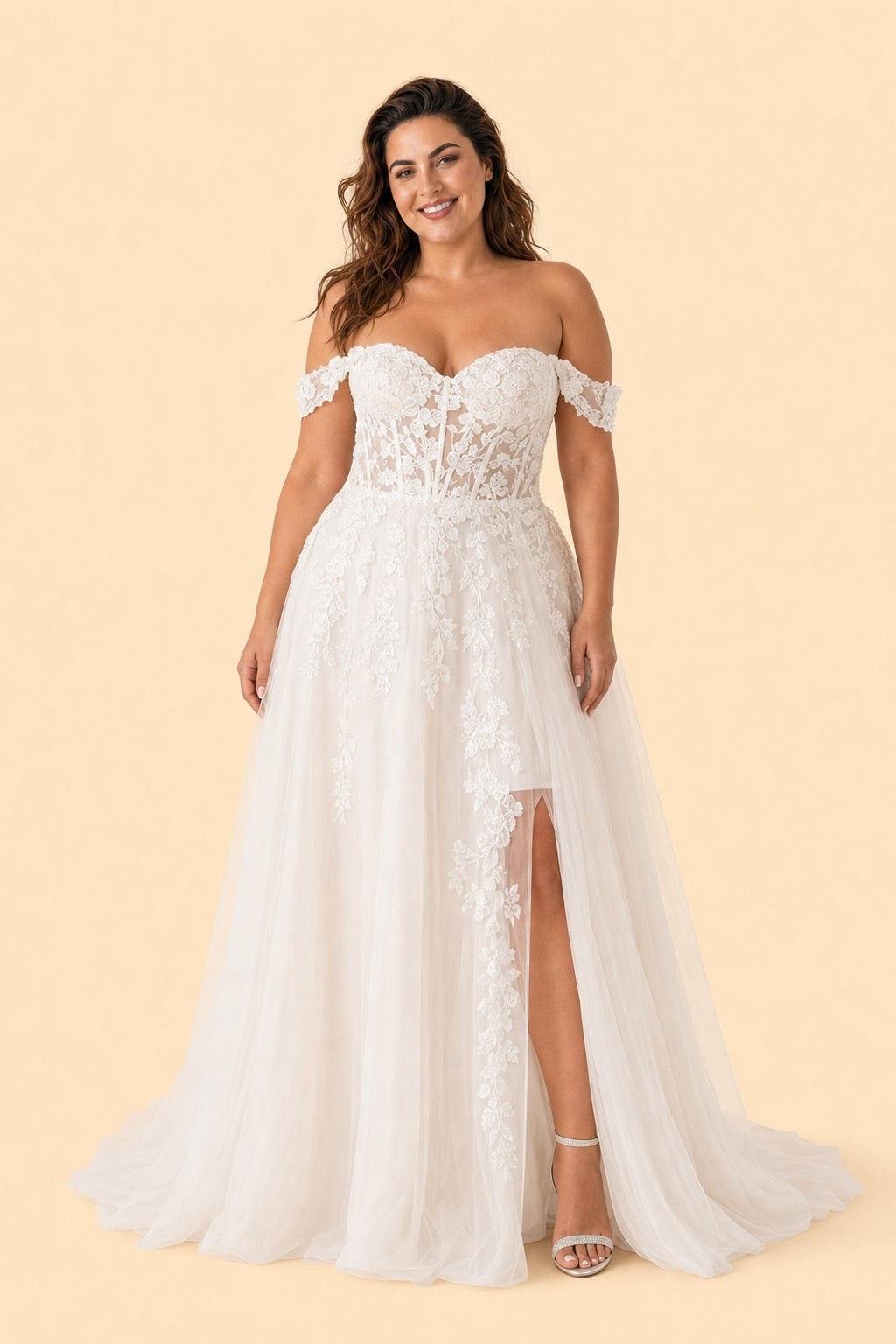 Romantic Off Shoulder Plus Size Wedding Dress Sheer Lace Appliqué A-Line Slit