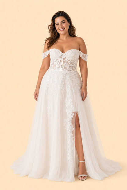 Romantic Off Shoulder Plus Size Wedding Dress Sheer Lace Appliqué A-Line Slit