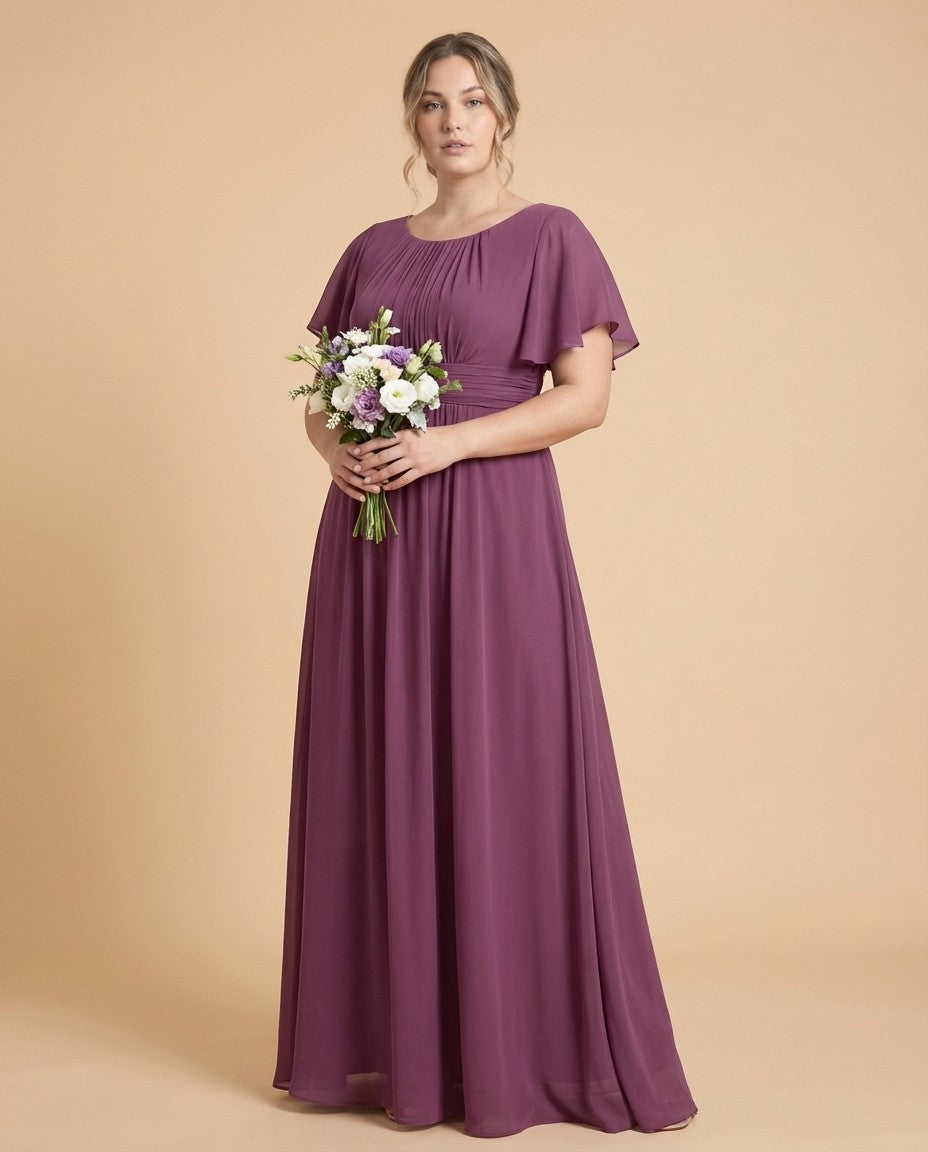 Petaline Plus Size Chiffon A-Line Bridesmaid Gown with Short Flutter Sleeves N0326