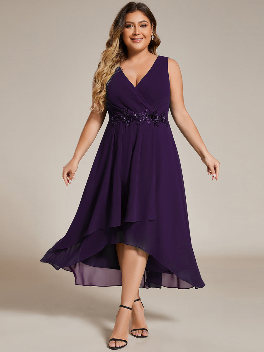 Sleeveless V-Neck High Low Plus Size Wedding Guest Dress with Floral Applique