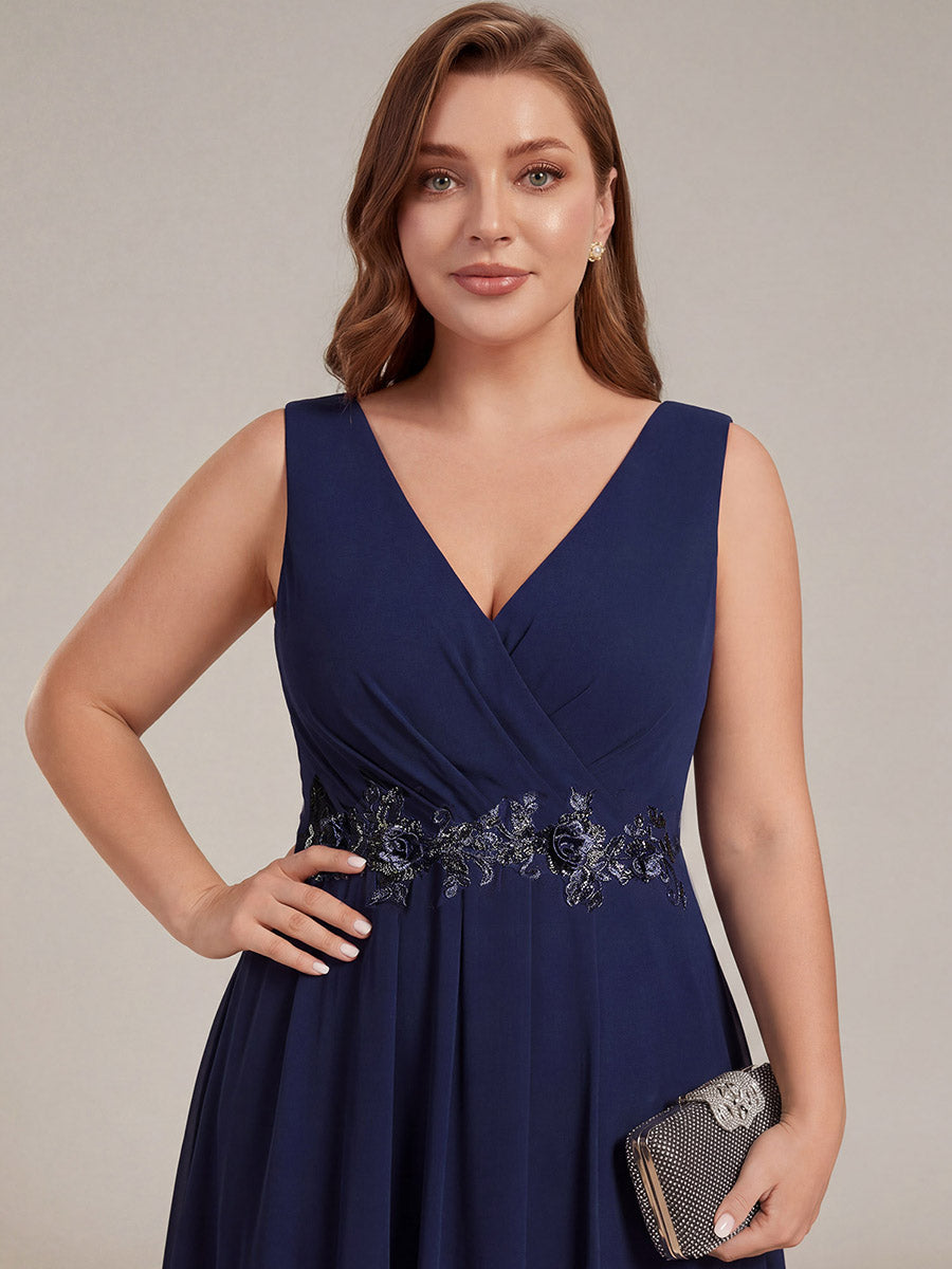 Sleeveless V-Neck High Low Plus Size Wedding Guest Dress with Floral Applique