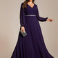 Plus Size A-Line V-Neck See-Through Long Sleeves Shiny Belt Chiffon Evening Dress