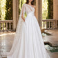 Plus Size A-Line Wedding Dress with Asymmetric Sleeve Lace Panels Open Back and Pockets
