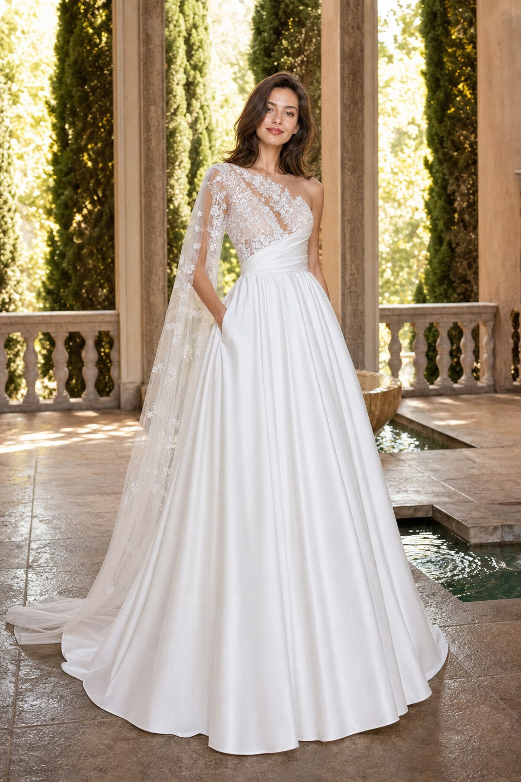 Plus Size A-Line Wedding Dress with Asymmetric Sleeve Lace Panels Open Back and Pockets