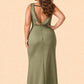 Floor Length Plus Size Bridesmaid Dress Pleated Detail Deep Cowl Back Stretch Satin