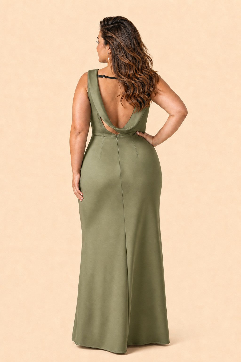 Floor Length Plus Size Bridesmaid Dress Pleated Detail Deep Cowl Back Stretch Satin