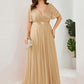 Plus Size V Neck Ribbon Waist Formal Evening Dress With Sleeves
