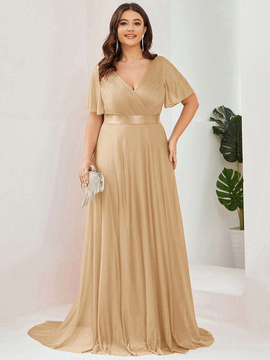 Plus Size V Neck Ribbon Waist Formal Evening Dress With Sleeves