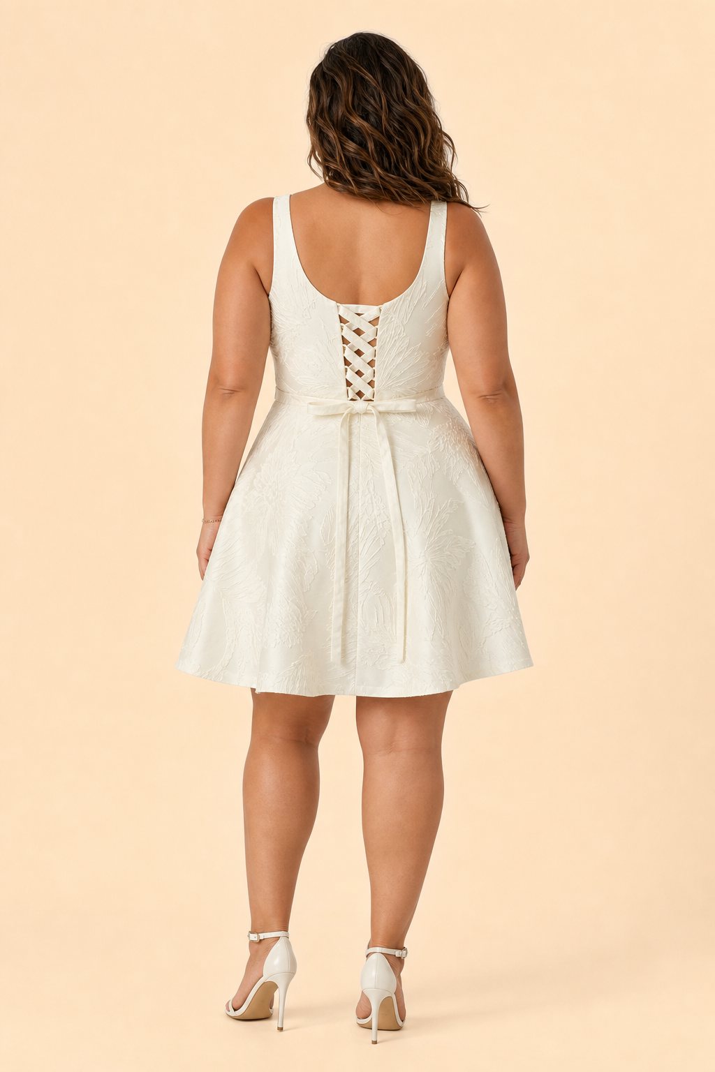 A-Line Floral Jacquard Bridal Mini Dress with Corset Back and Pockets