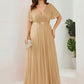 Plus Size V Neck Ribbon Waist Formal Evening Dress With Sleeves
