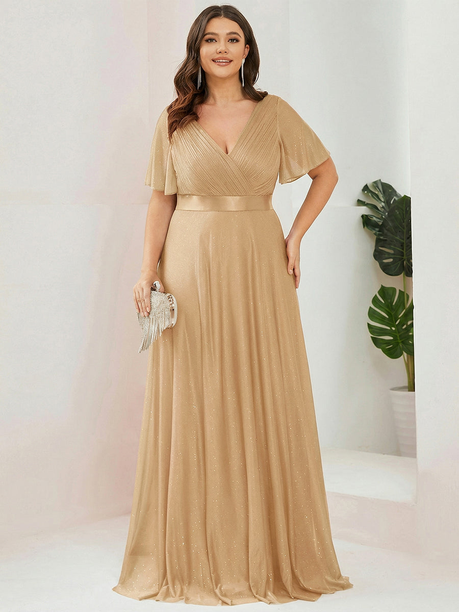 Plus Size V Neck Ribbon Waist Formal Evening Dress With Sleeves