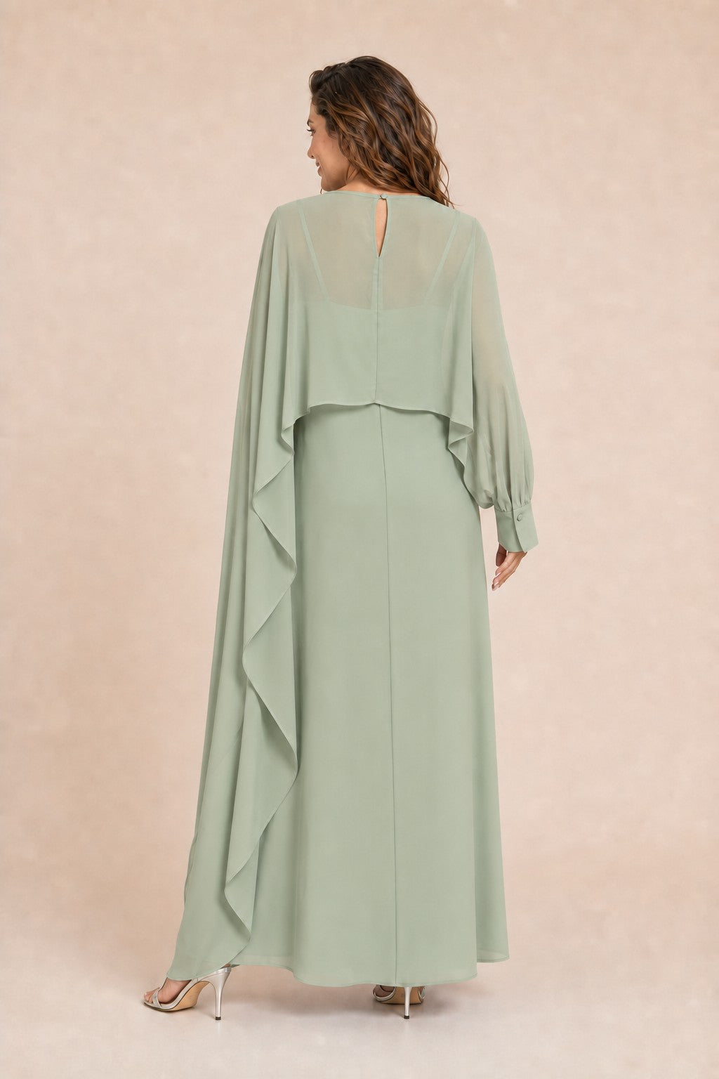 Flowy Sheer Cape Bridesmaid Dress Cuff Slit Design