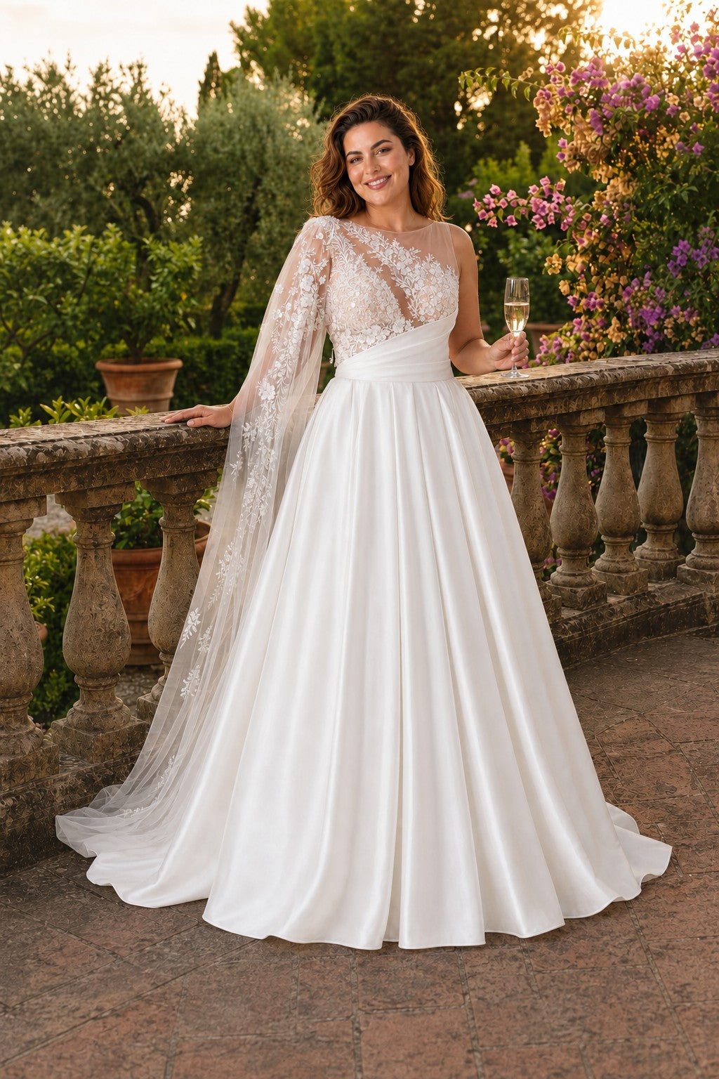 Plus Size A-Line Wedding Dress with Asymmetric Sleeve Lace Panels Open Back and Pockets