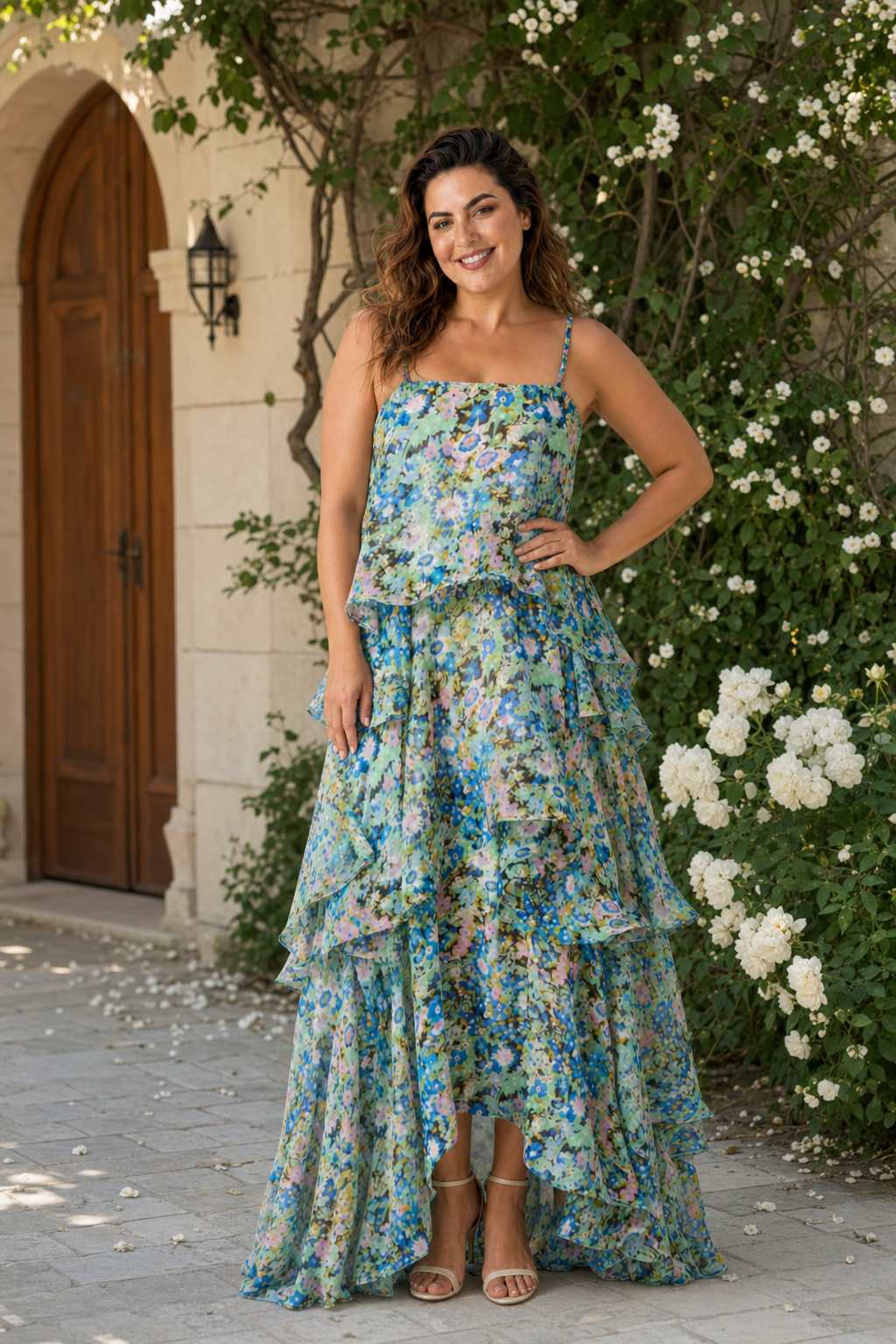 Romantic Floral A-Line Bridesmaid Dress with Flowing Tiered Skirt