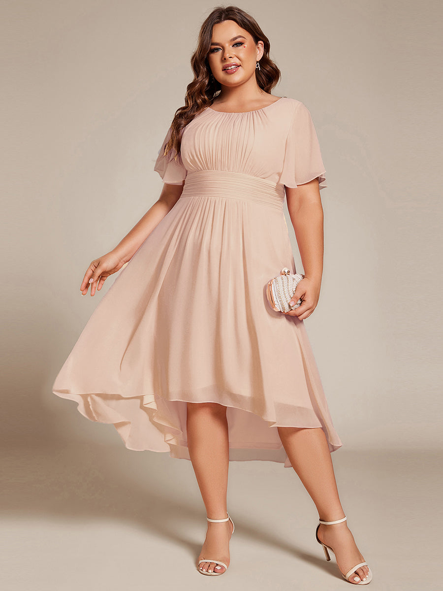 Plus Size Pleated Round Neckline A-Line Midi Chiffon Wedding Guest Dress