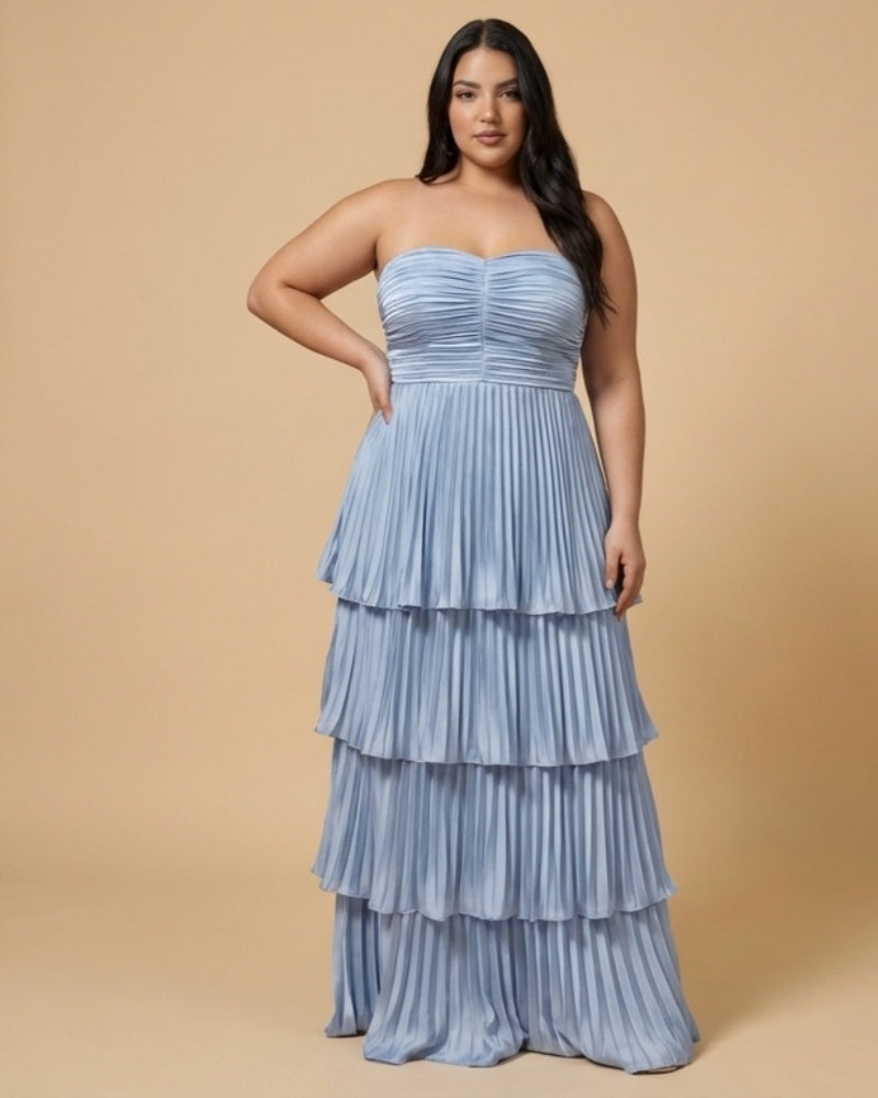 Chantarae Plus Size Romantic A-Line Ruffled Satin Bridesmaid Dress for Wedding Occasions -N0379