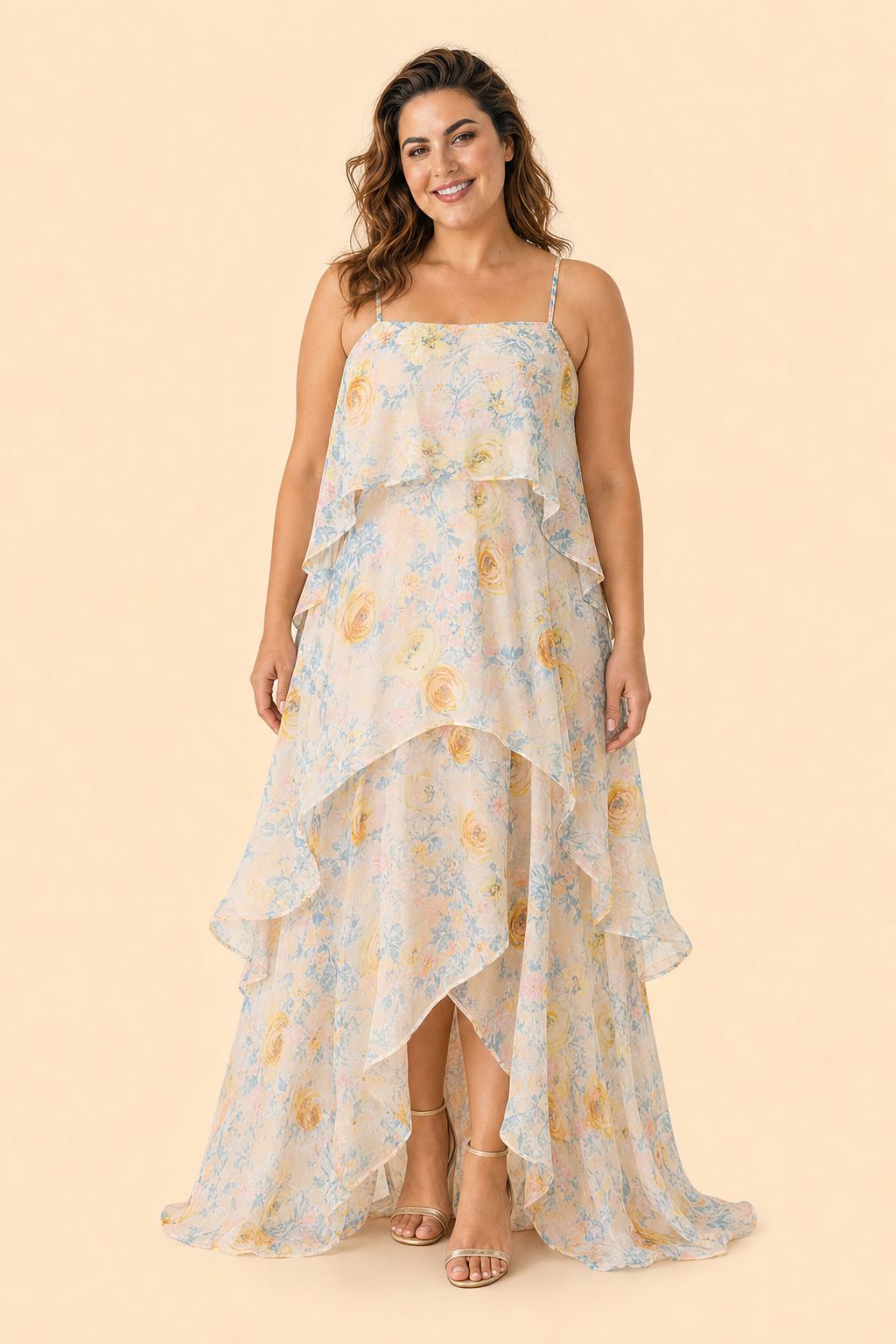 Romantic Floral A-Line Bridesmaid Dress with Flowing Tiered Skirt