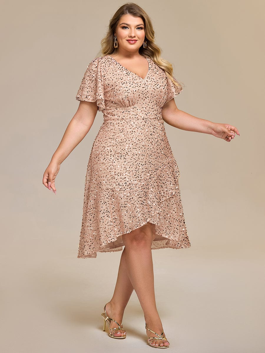 Plus Size Sequin Ruffle Sleeve Formal Dress