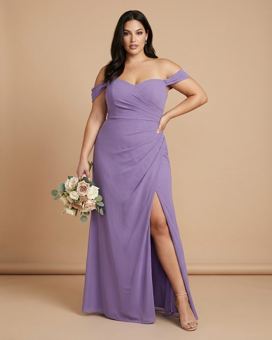 Elanthia Plus Size Romantic Sheath Bridesmaid Dress with Off Shoulder for Wedding -N0347