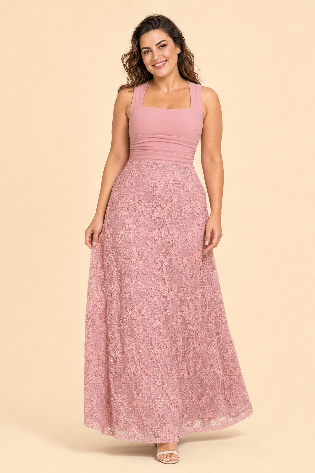 Plus Size Evening Gown with Ruched Lace Bodice and 3D Floral Detail