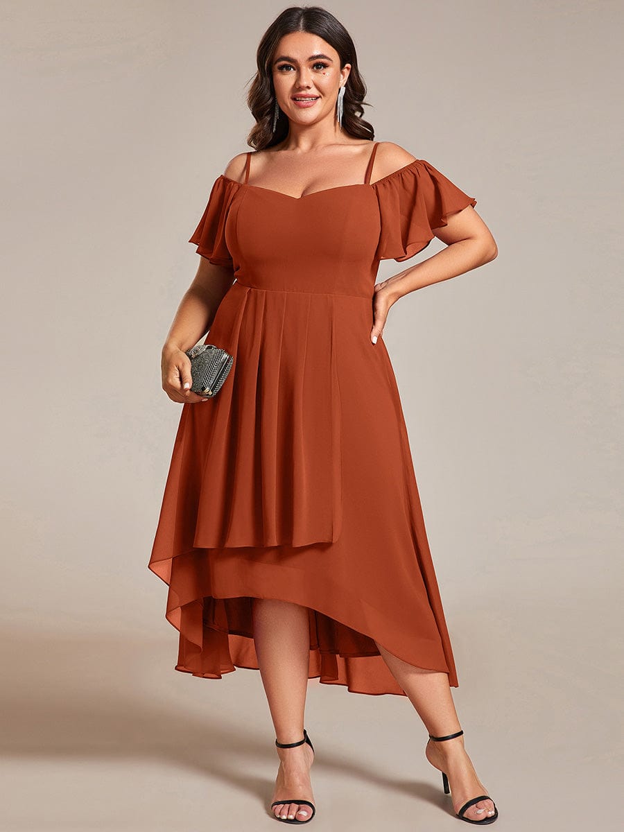 Plus Size Cold Shoulder Sweetheart Necklin Chiffon Midi Wedding Guest Dress