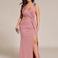 Plus Size Glitter V-Neck High Slit Sequin Shoulder Strap Evening Dress