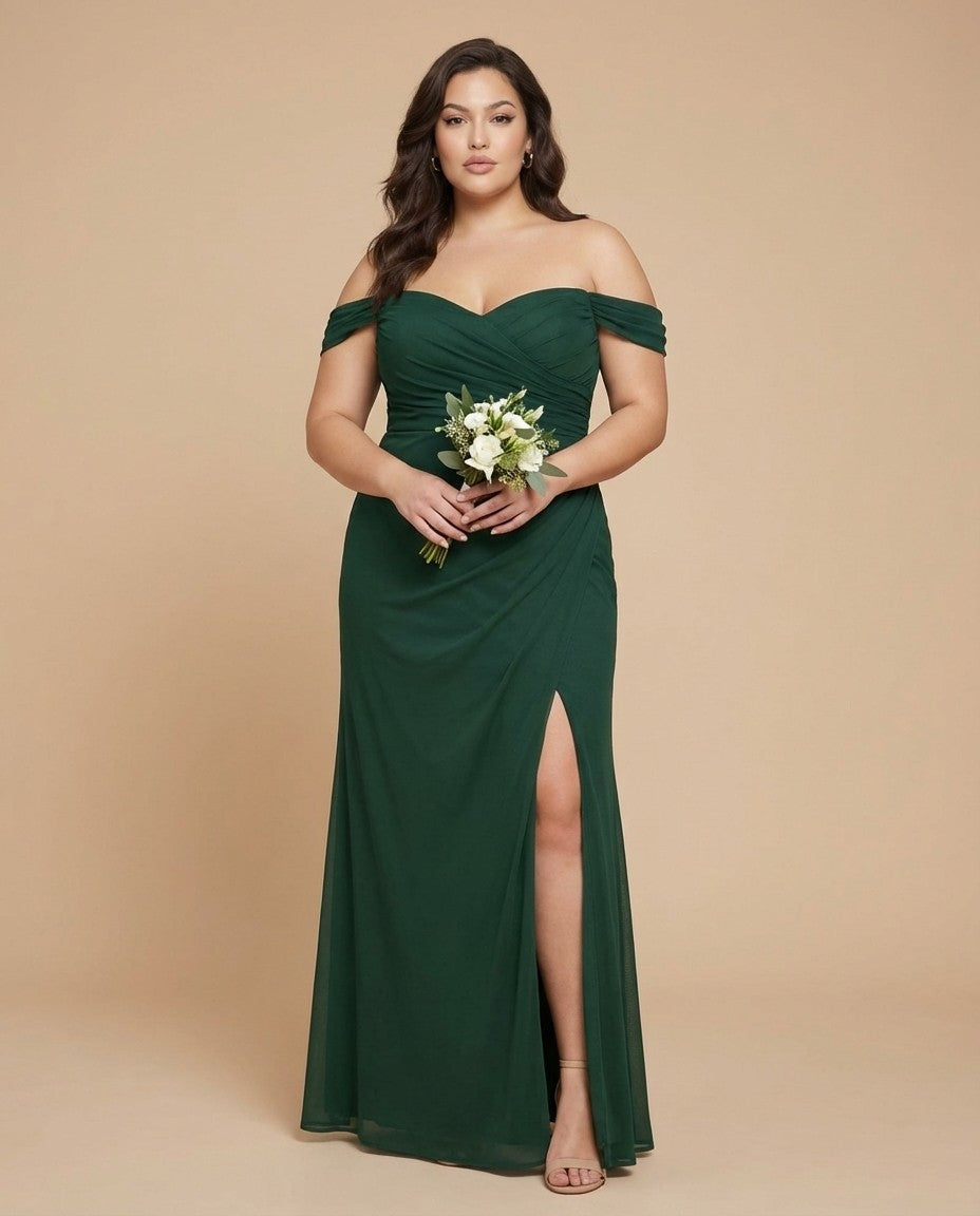 Elanthia Convertible Off-the-Shoulder Mesh Plus Size Bridesmaid Dress for Weddings - N0344
