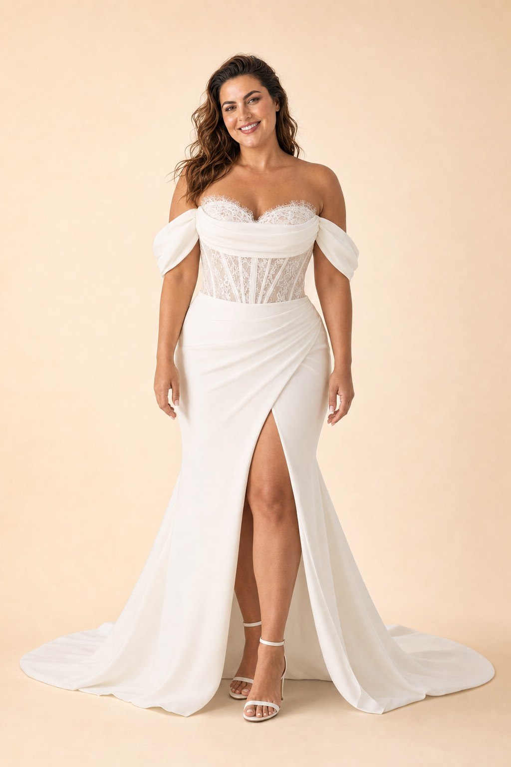 Plus Size Lace Wedding Dress with Slit and Asymmetrical Bow Back Detail