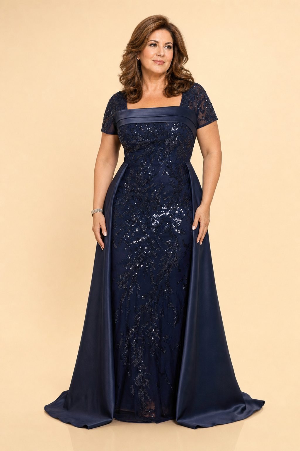 Plus Size Mother of the Bride Dress with Sequins and Flowing Cloak