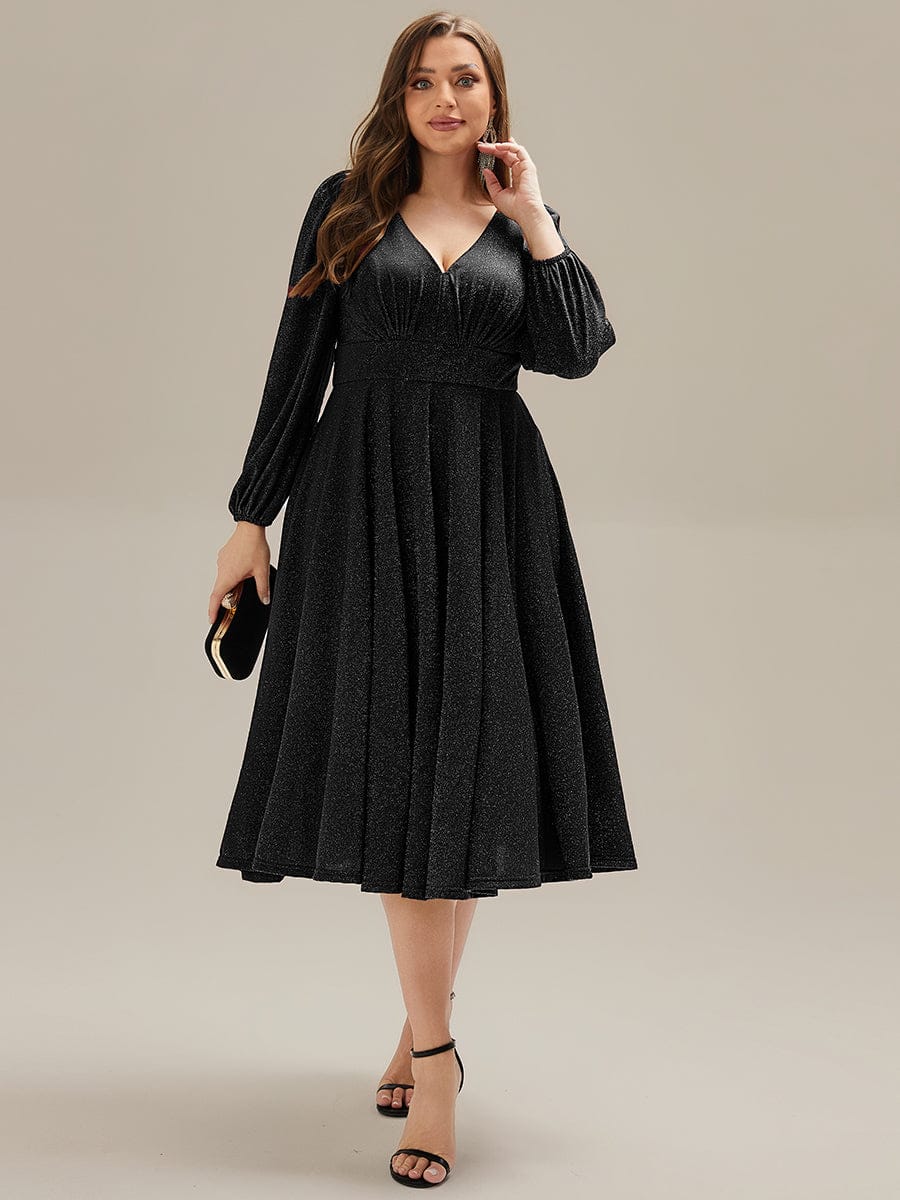 Plus Size Glitter long Sleeve Midi Dress With Pocket