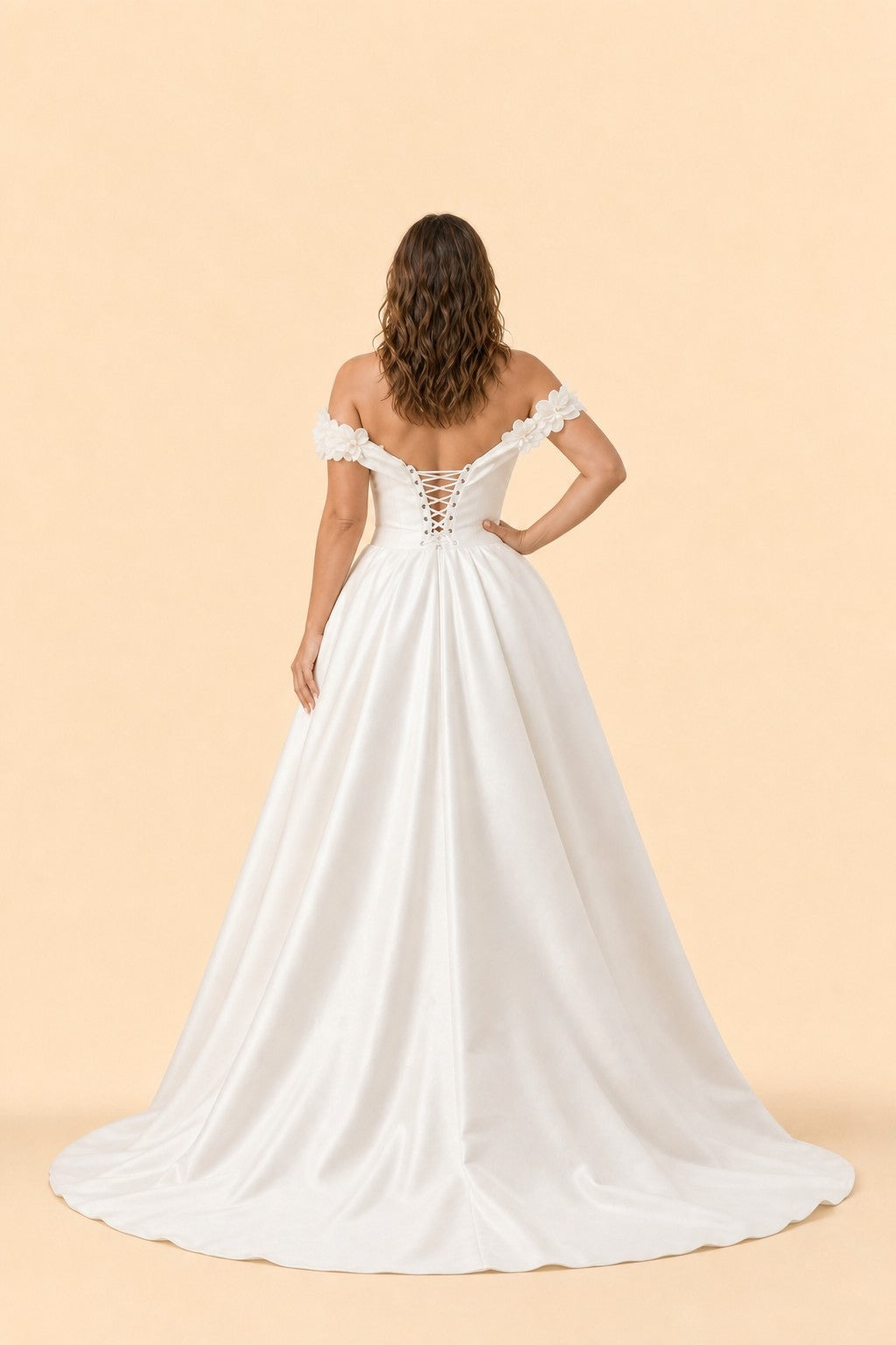 Plus Size Off Shoulder Wedding Dress with Detachable Train and Lace Appliqués