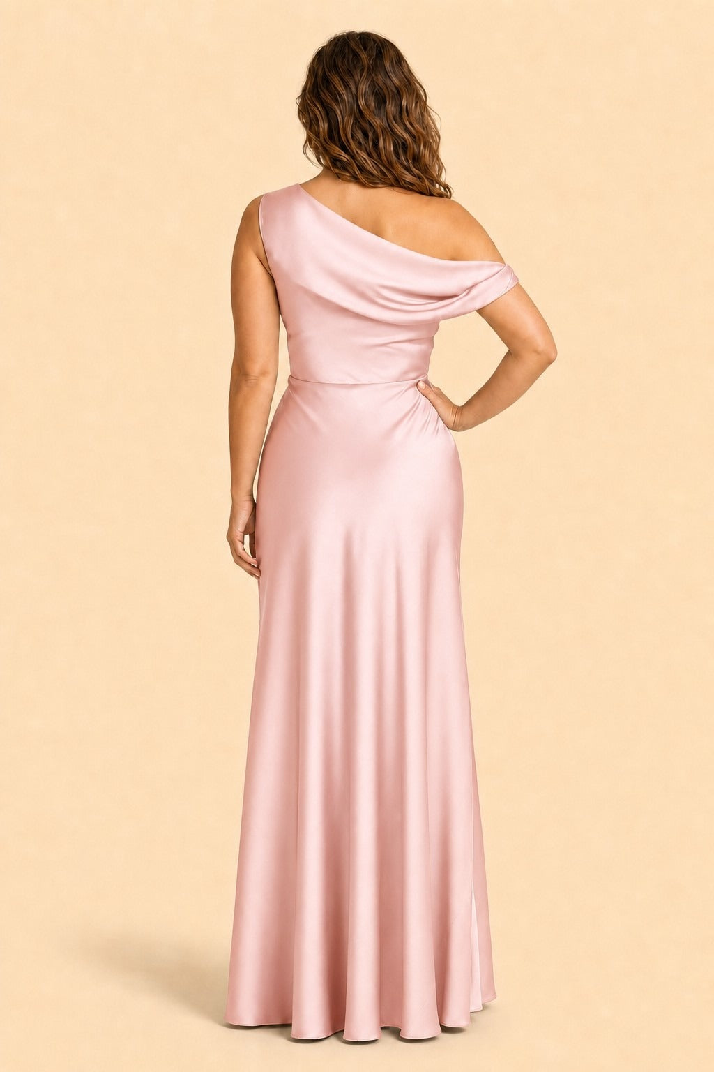 Floor Length Stretch Satin Bridesmaid Gown with Asymmetrical Neckline
