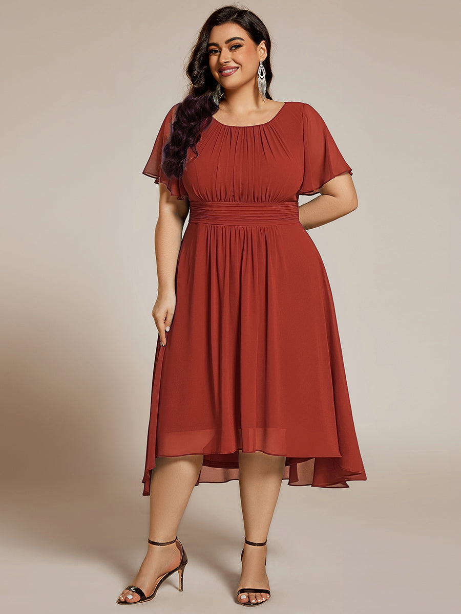 Plus Size Pleated Round Neckline A-Line Midi Chiffon Wedding Guest Dress