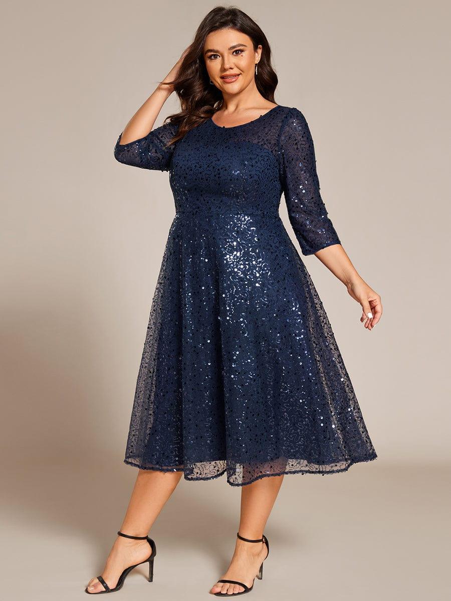 Plus Size 3/4 Sleeve Midi Round Neck A-Line Sequin Wedding Guest Dress