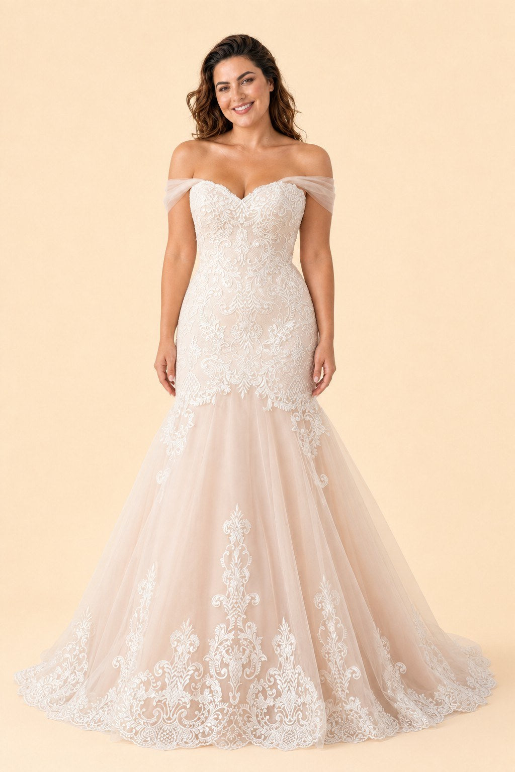 Plus Size Off Shoulder Lace Appliqué A-Line Wedding Dress with Lace-Up Back