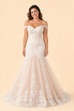 Plus Size Off Shoulder Lace Appliqué A-Line Wedding Dress with Lace-Up Back
